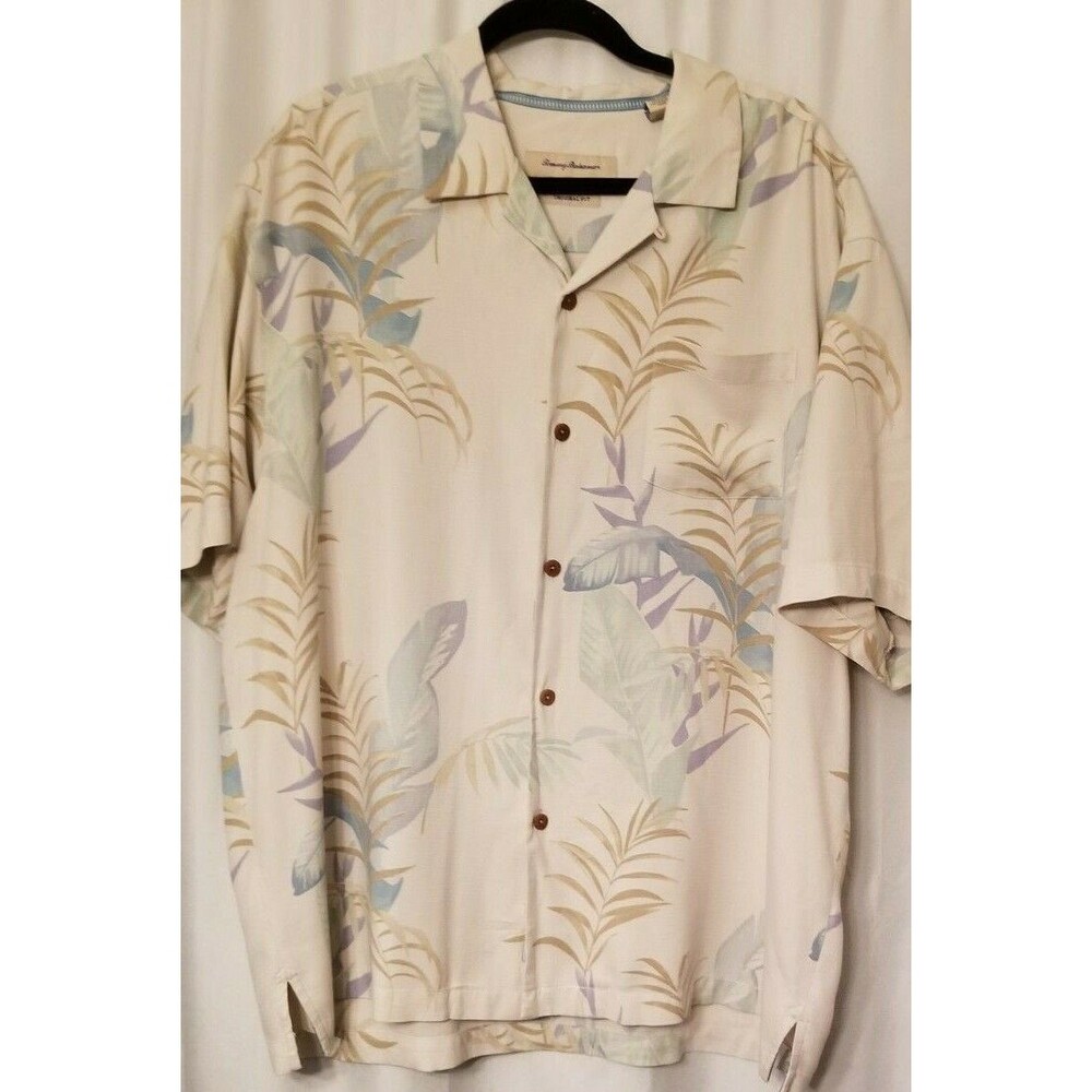 Men's Tommy Bahama Silk  Hawaiian Shirt Tropical  Beige Ecru 100% Silk Size XL
